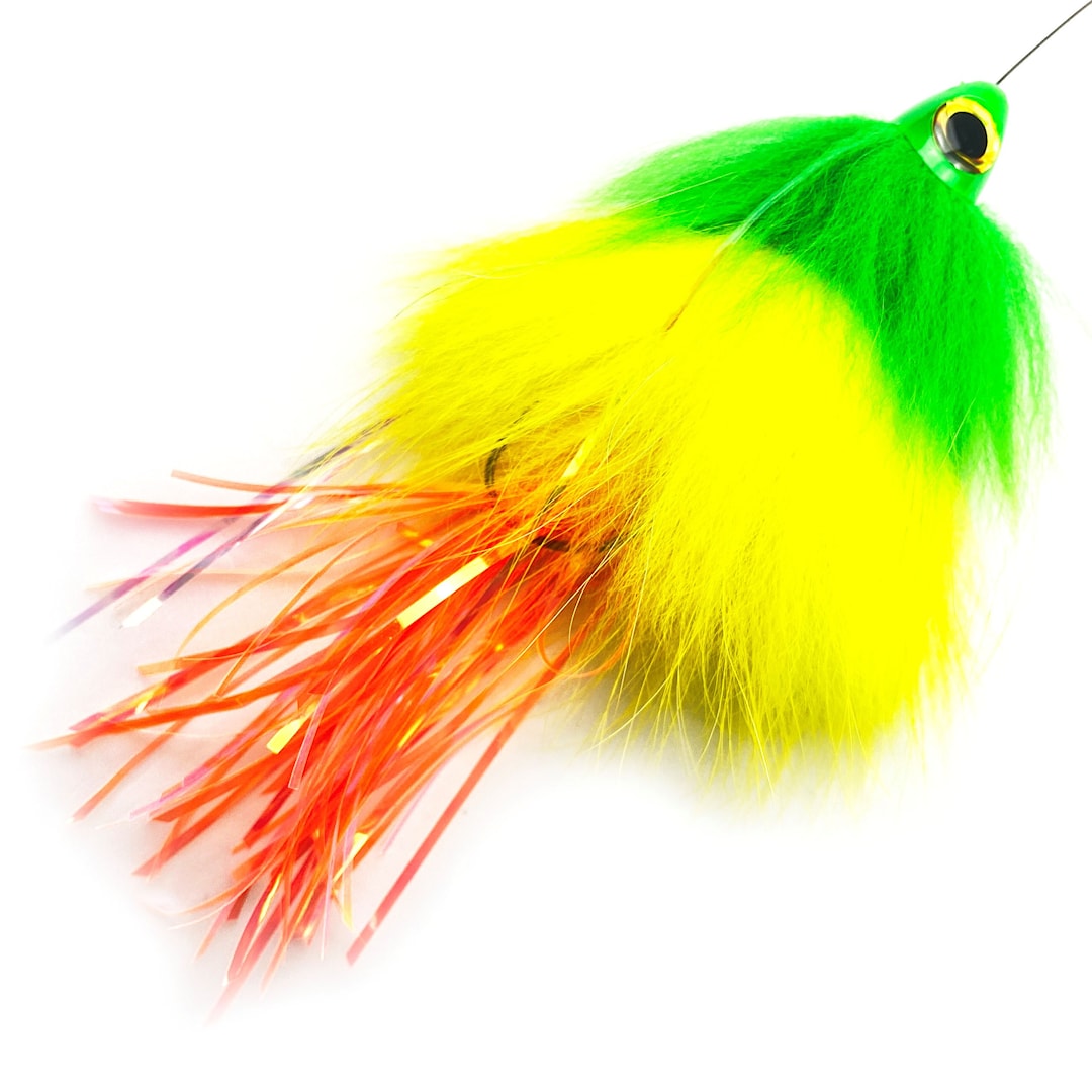 Spintube Pike 35 g kastfluga grön/gul/orange tinsel